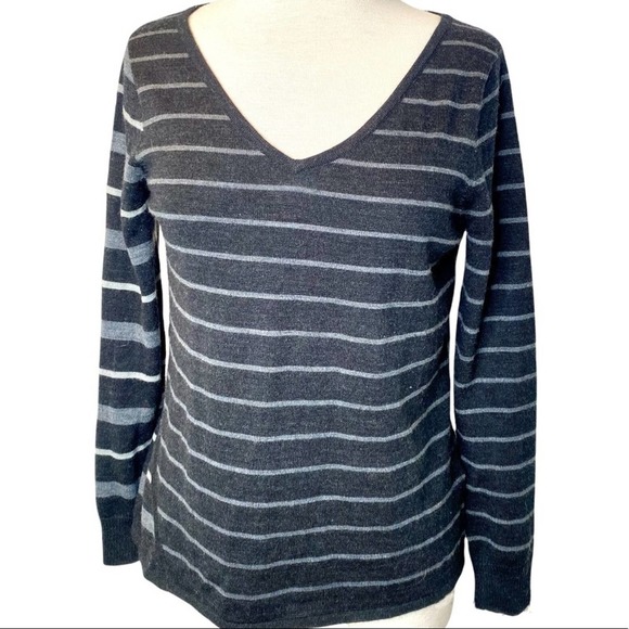 Smartwool Striped Asymmetrical Wool V-Neck Sweater - Picture 1 of 7
